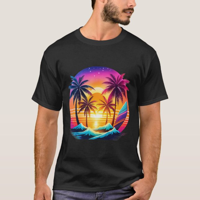 Beach With Palm Trees And Surfboards, Pop Art Styl T-Shirt (Front)