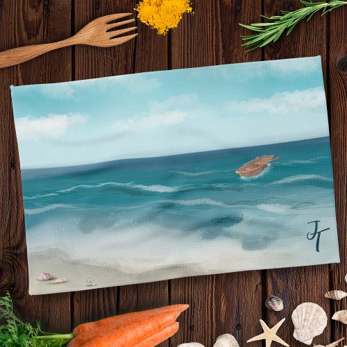 Beach with Seashells and Boat on Peaceful Ocean Kitchen Towel