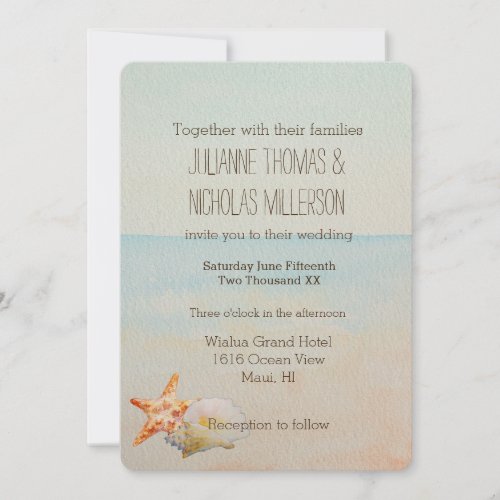 Beach with Starfish and Conch Shell Wedding Invitation