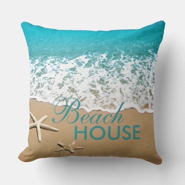 Beach With Starfish on Sand Throw Pillow (Front)