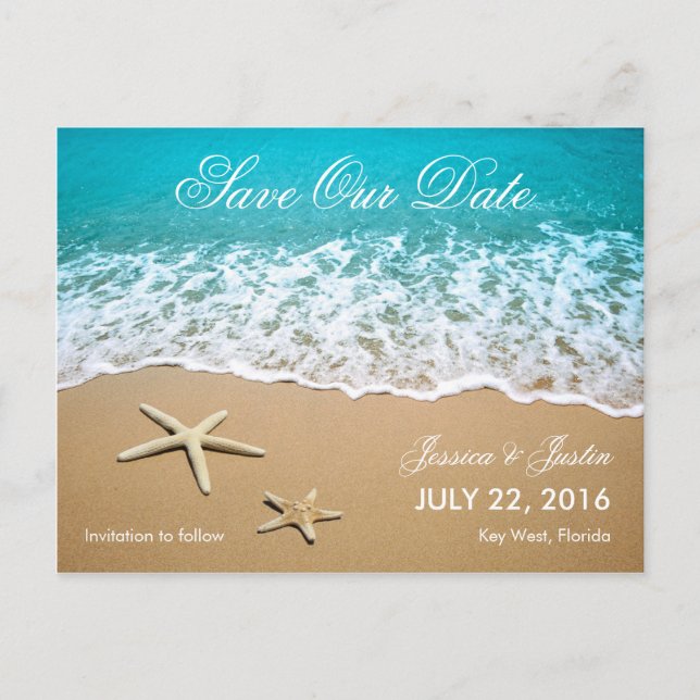 Beach With Starfish Save the Date Card (Front)