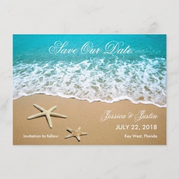 Beach With Starfish Save The Date Card by marlenedesigner at Zazzle
