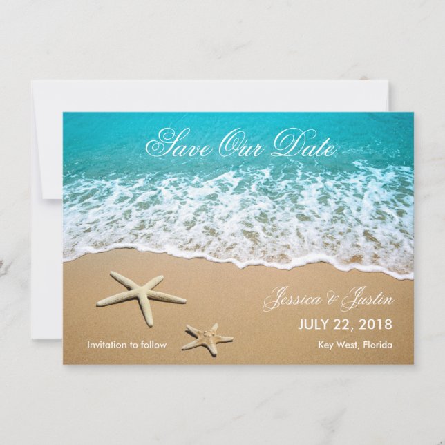 Beach With Starfish Save the Date Card (Front)