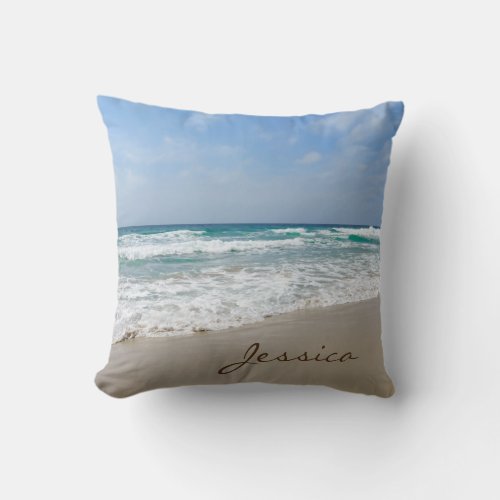 Beach with the Turquoise Blue Sea Girly Name Throw Pillow