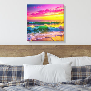 Beach with Yellow and Pink Ocean Waves Vibrant  Canvas Print
