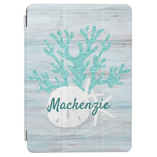 Beach Wood Aqua Glitter Starfish Personalized iPad Air Cover