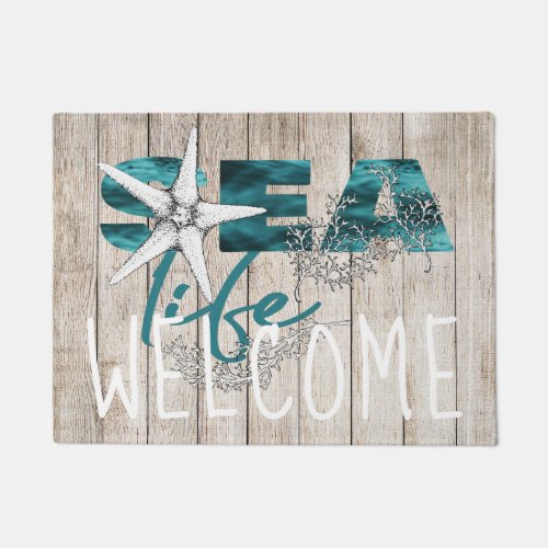 Beach wood blue sea life typography welcome doormat