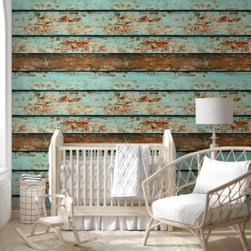Beach wood grain blue brown distressed planks wallpaper 