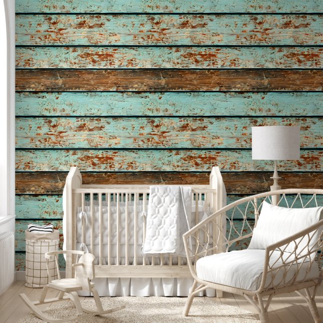 Beach wood grain blue brown distressed planks wallpaper  (Kids)