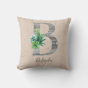 Beach Wood Letter B & Succulents Personalized Throw Pillow