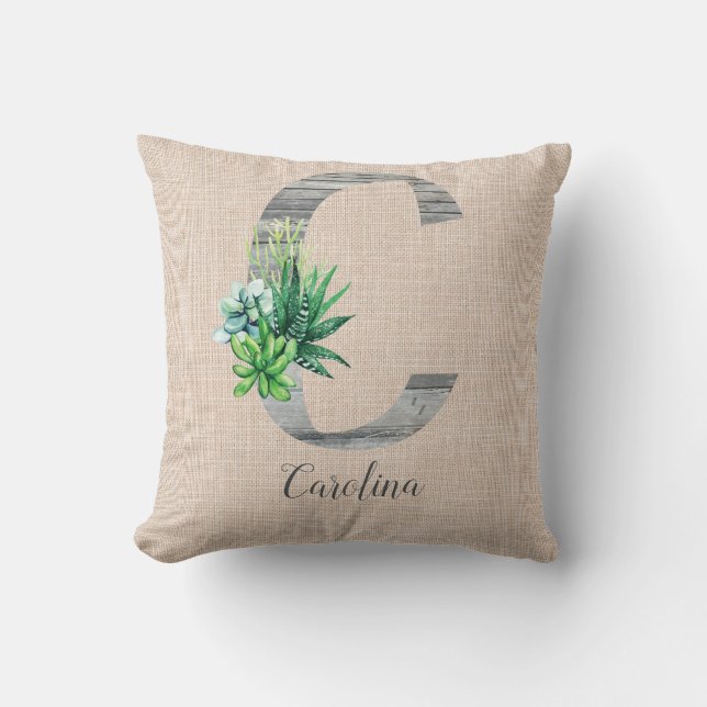 Beach Wood Letter C  & Succulents Personalized  Throw Pillow (Front)