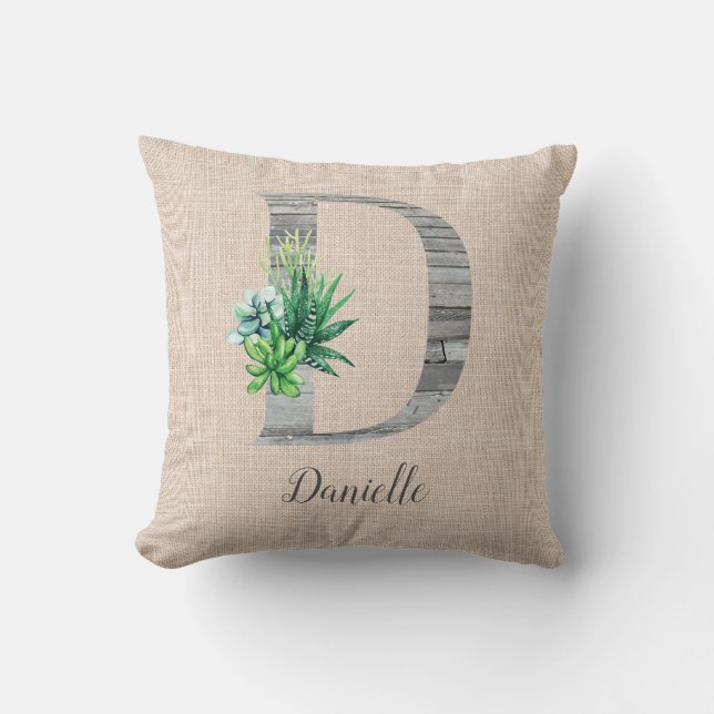Beach Wood Letter D  & Succulents Personalized  Throw Pillow (Front)