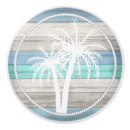 Beach Wood Nautical Palms - Blue, Tan, Teal Ceramic Knob