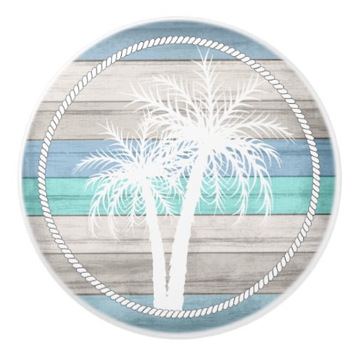 Beach Wood Nautical Palms _ Blue Tan Teal Ceramic Knob