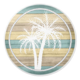 Beach Wood Nautical Palms - Yellow / Teal Ceramic Knob