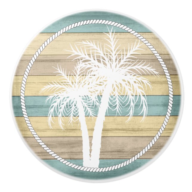 Beach Wood Nautical Palms - Yellow / Teal Ceramic Knob (Front)