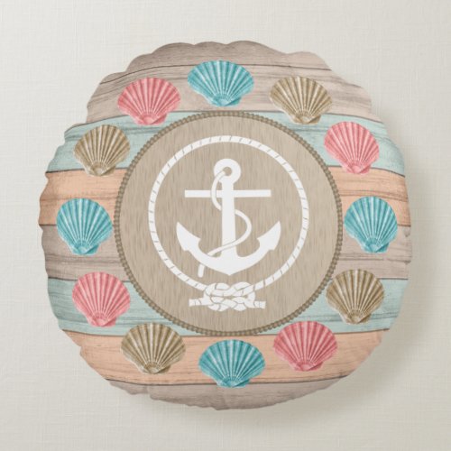 Beach Wood Nautical Seashells &amp; Anchor Round Pillow