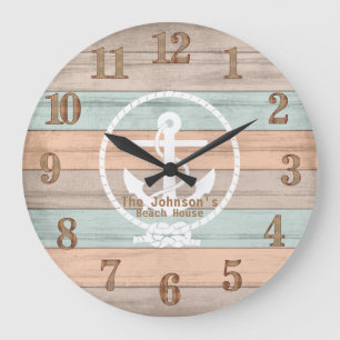 Beach Wood Nautical Stripes & Anchor Large Clock