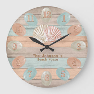 Beach Wood Nautical Stripes & Sea Glass Large Clock
