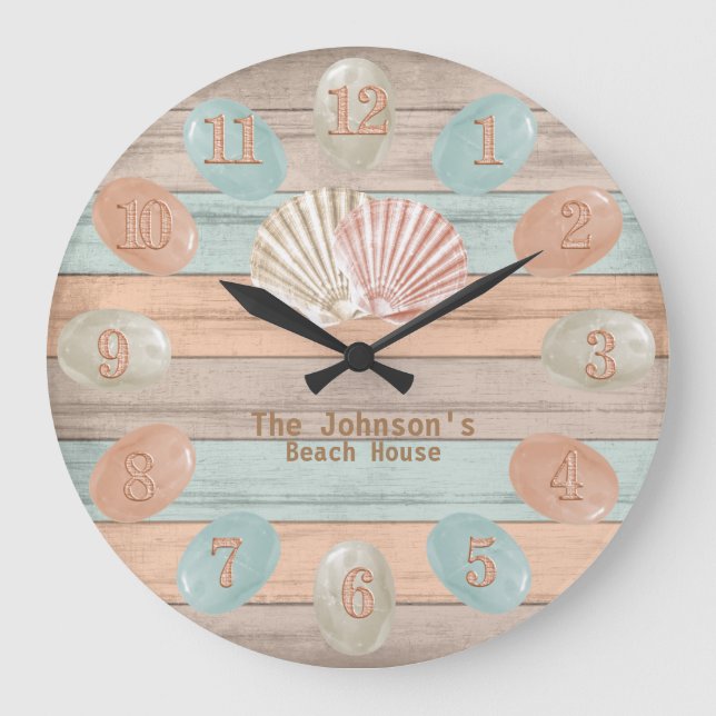 Beach Wood Nautical Stripes & Sea Glass Large Clock (Front)