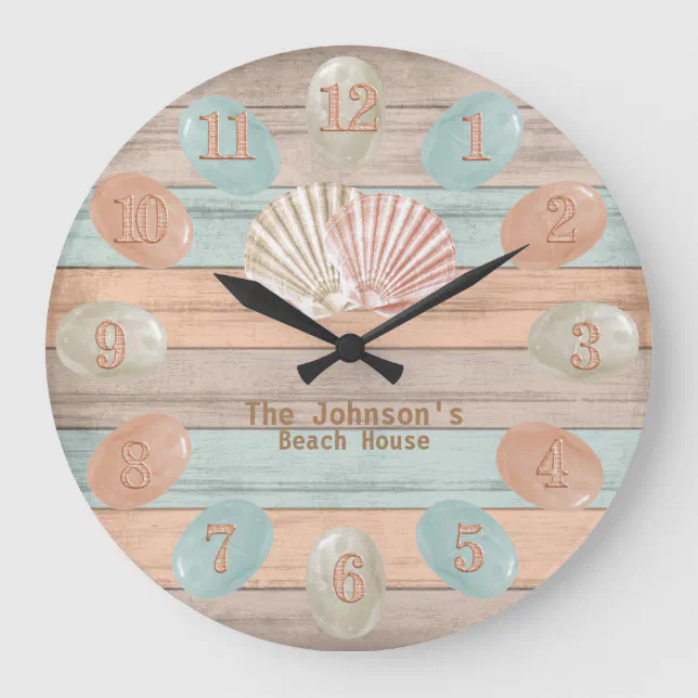 Beach Wood Nautical Stripes & Sea Glass Large Clock | Zazzle