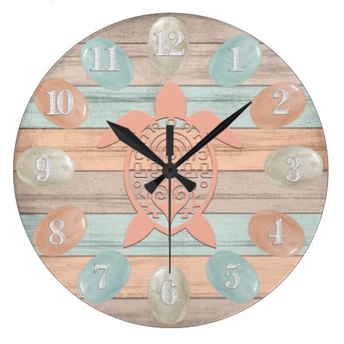 Beach Wood Nautical Stripes, Sea Glass, Turtle Large Clock