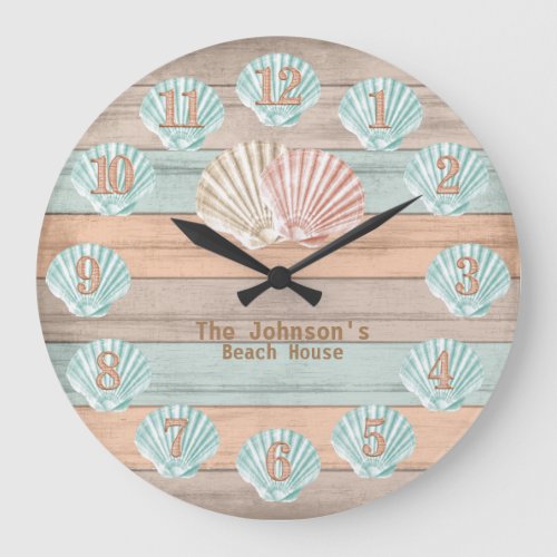 Beach Wood Nautical Stripes  Shells Large Clock