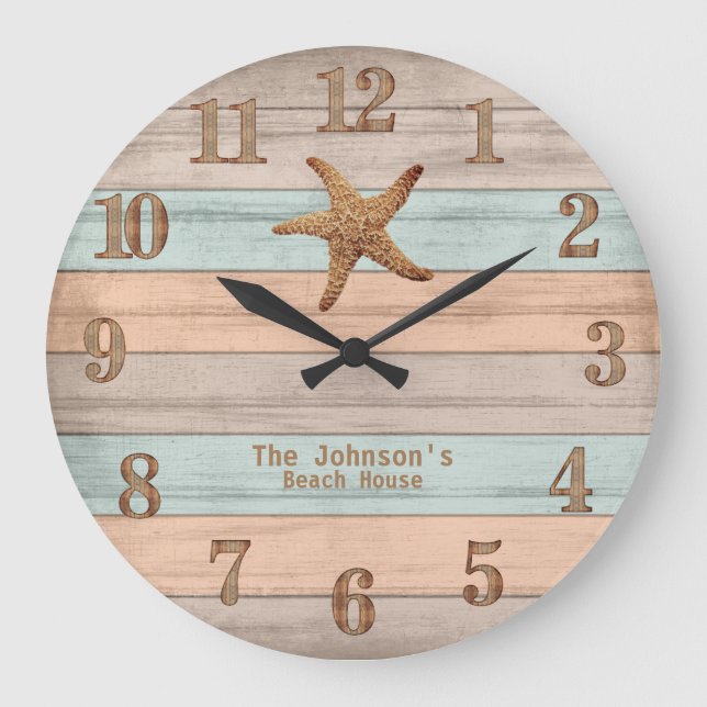 Beach Wood Nautical Stripes & Starfish Large Clock (Front)