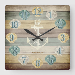 Beach Wood Nautical Stripes with Anchor  Square Wa Square Wall Clock