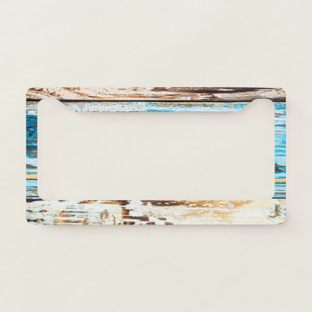 Beach Wood Rustic Blue and Brown Pattern Modern License Plate Frame (Front)