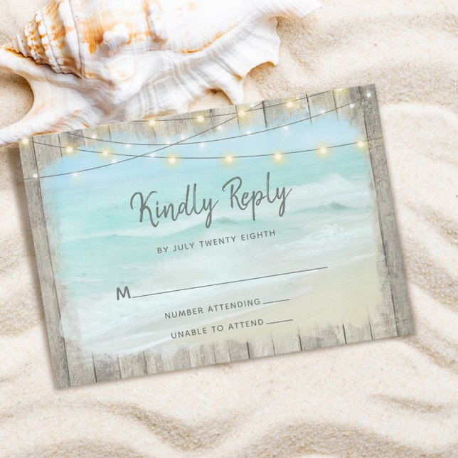 Beach Wood Rustic String Lights Wedding RSVP (Creator Uploaded)