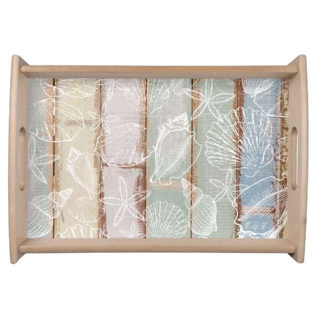 Beach Wood Seashells Patterrn Coastal Nautical  Serving Tray (Front)