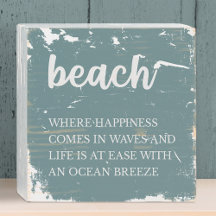 Beach Wood Sign Happiness/Ocean Text Seafoam Green
