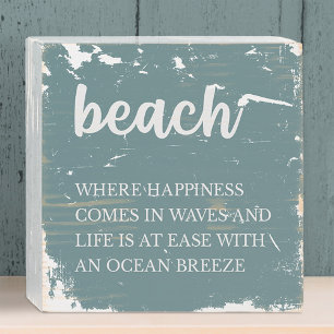 Beach Wood Sign Happiness/Ocean Text Seafoam Green