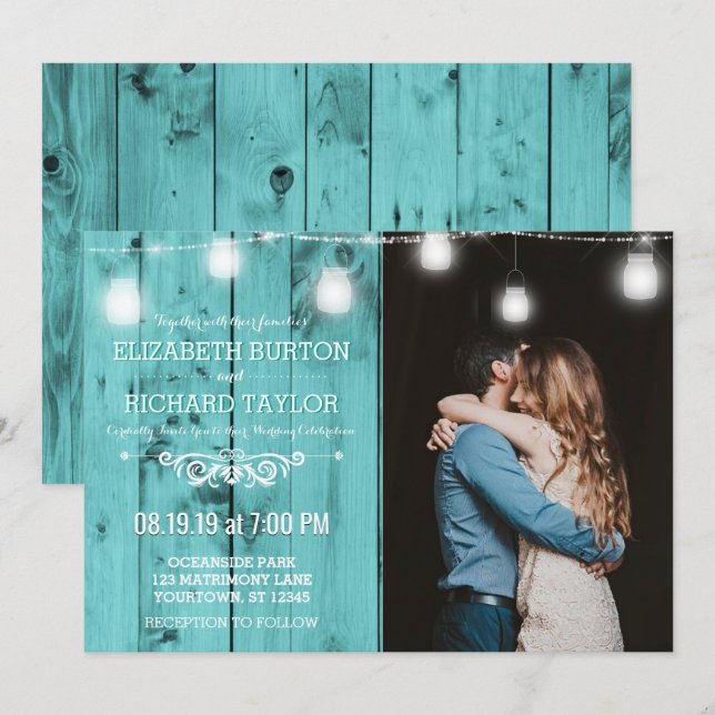 Beach Wood String Lights Photo Wedding Invitation (Front/Back)