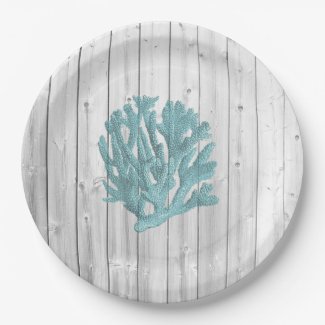Beach Wood Teal Coral Paper Plates 