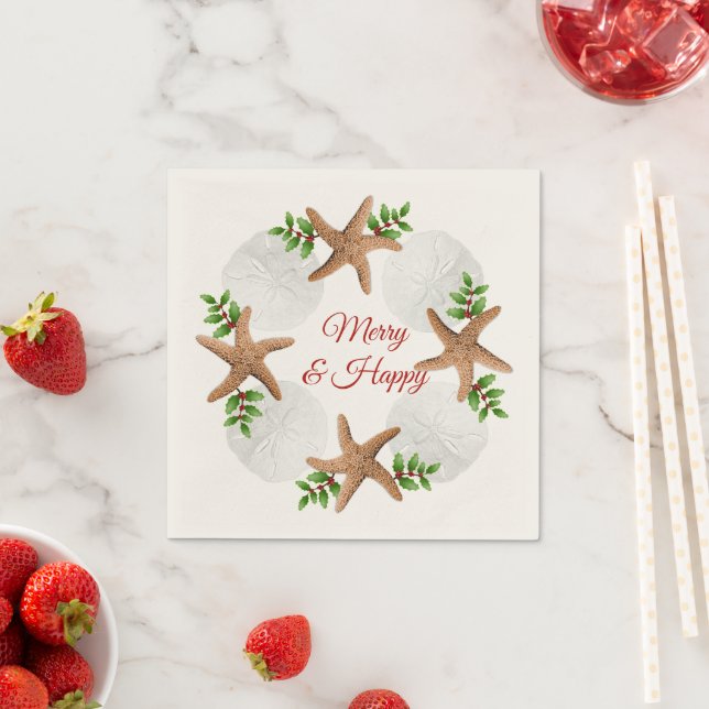 Beach Wreath Merry n Happy Christmas Napkin (Insitu)