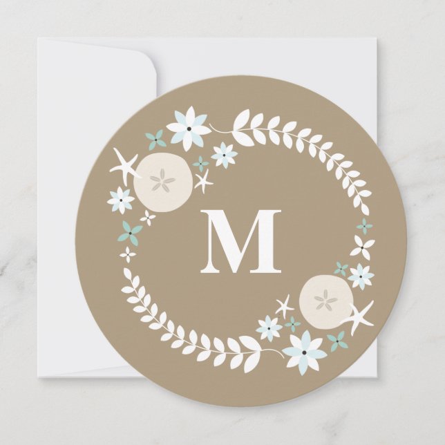 Beach Wreath Sand Dollar Round Monogram Wedding Invitation (Front)