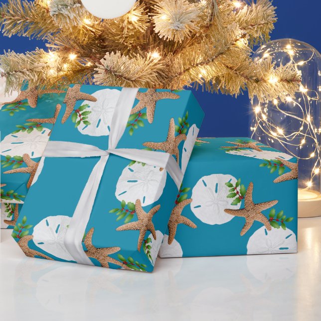 Beach Wreath Sand Dollar Starfish Christmas Wrapping Paper (Holidays)