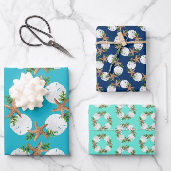Beach Wreath Sea Stars Sand Dollars Blue Wrapping Paper Sheets by holiday_store at Zazzle