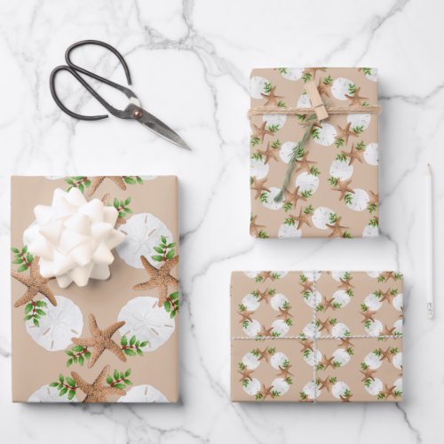 Beach Wreath Sea Stars Sand Dollars Sand Tan Wrapping Paper Sheets