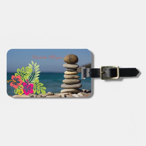 Beach Zen Stones Hawaiian Hibiskus Luggage Tag