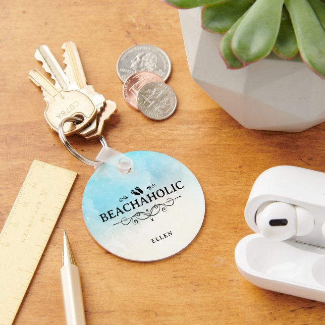 Beachaholic Watercolor Beach Personalized Keychain (Desk)