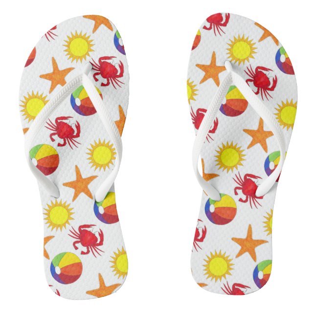 Beachball Crab Sunshine Sun Starfish Beach Print Flip Flops (Footbed)