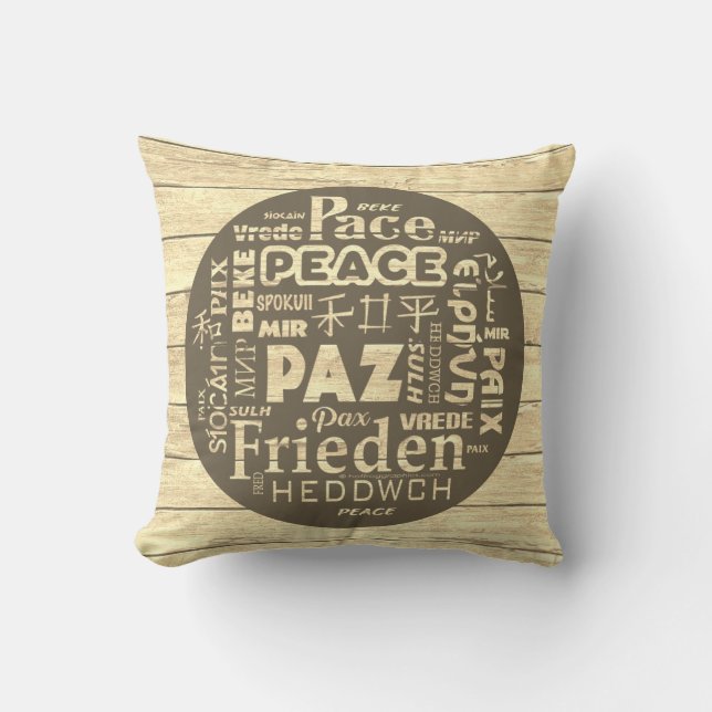Beachcomber cushion, peace in multi languages cush throw pillow (Front)