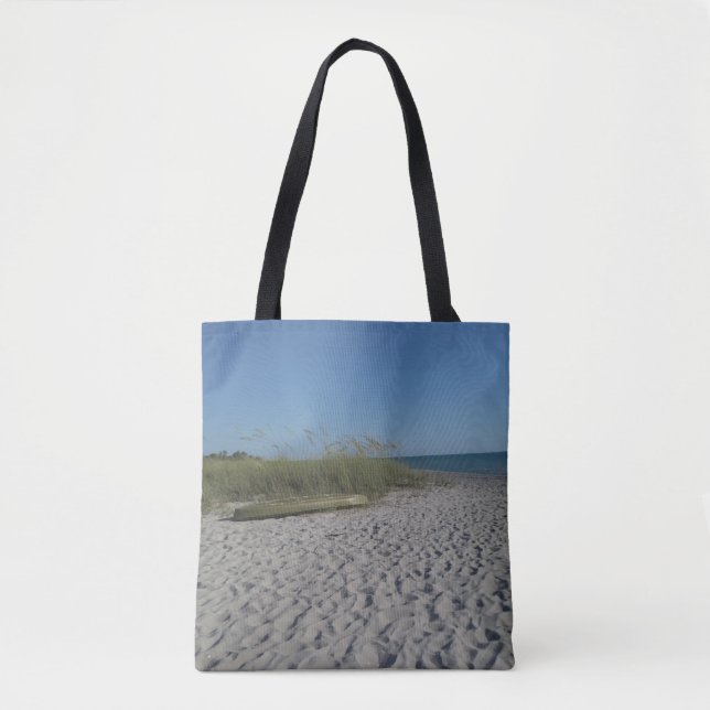 Beached kayak on an all-over printed tote bag (Front)
