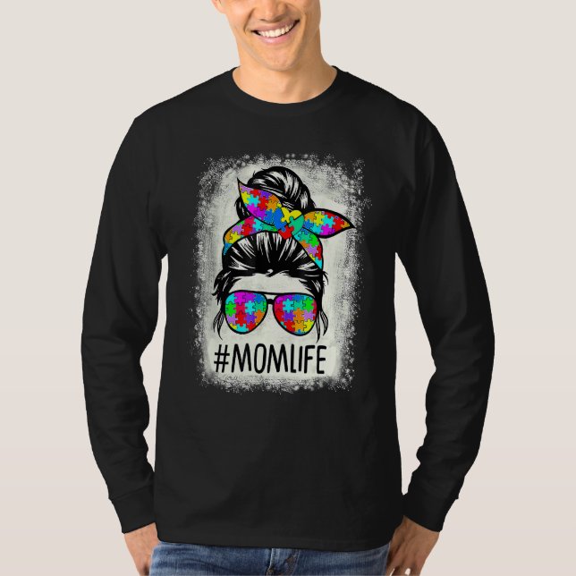 Beached Mom Life Messy Bun Puzzle Supporter Autism T-Shirt (Front)