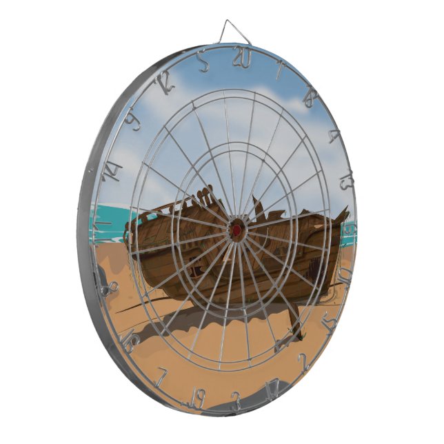 Beached Shipwreck Dartboard With Darts (Front Left)