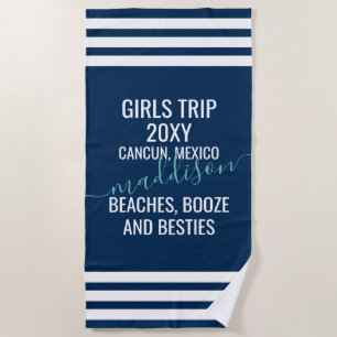 Beaches & Besties Personalized Navy Blue White Beach Towel