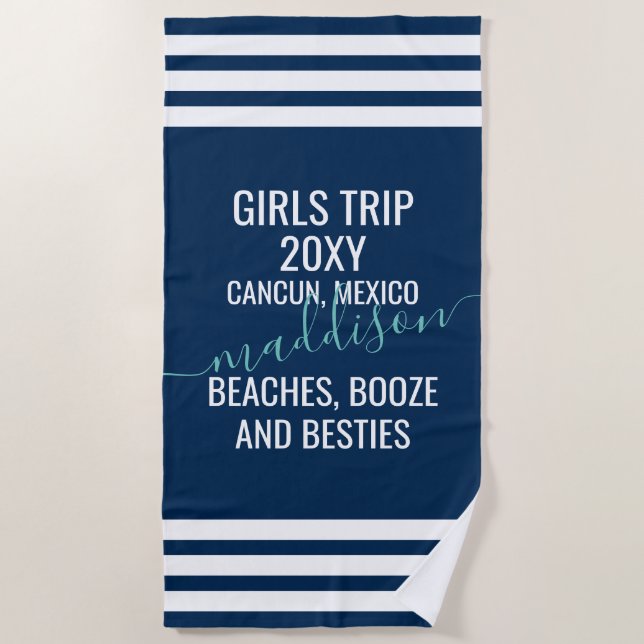 Beaches & Besties Personalized Navy Blue White Beach Towel (Front)